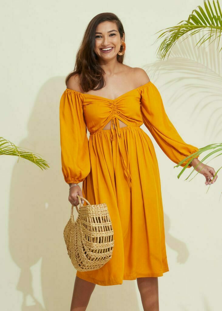 Ruched Midi Off Shoulder Dress - Yellow