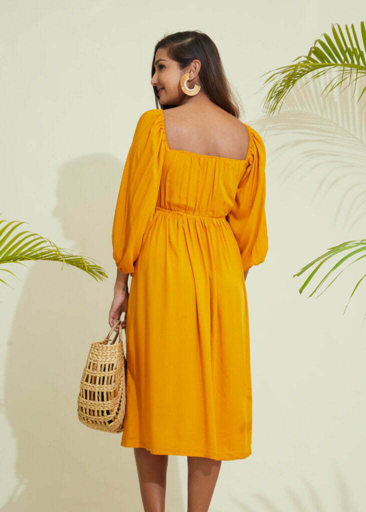 Alternative view of Ruched Midi Off Shoulder Dress - Yellow
