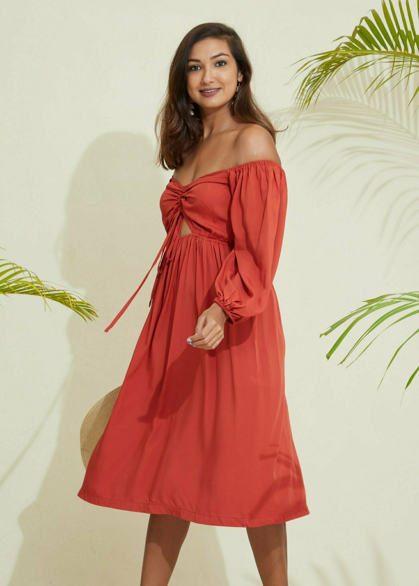 Ruched Midi Off Shoulder Dress - Terracotta - Image 4