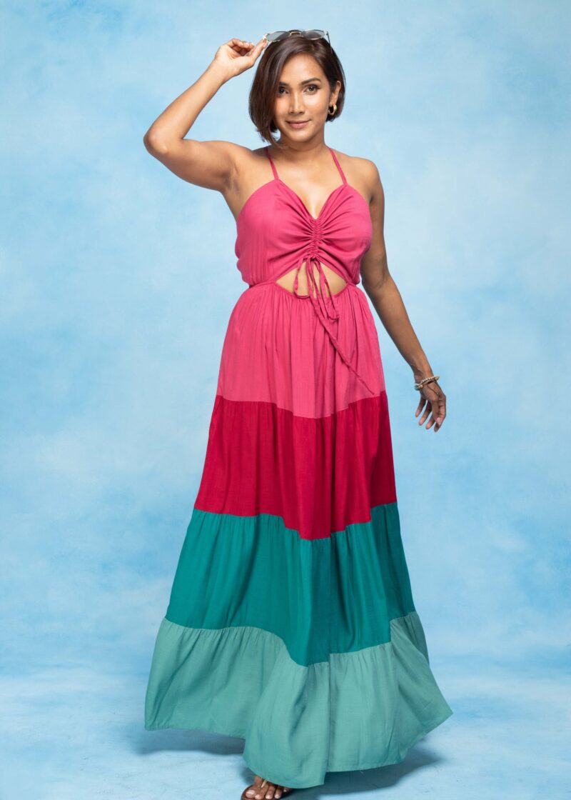 thambili island maxi length dress in hot pink and green colours.